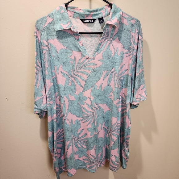 Land's End Women's Green and pink Floral plus size polo shirt 2X - Picture 8 of 11